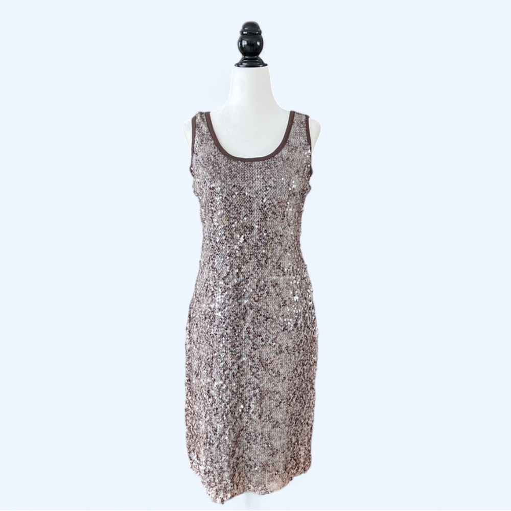 Calvin Klein Brown Sequin Sleeveless Shift Midi Dress Party XS
